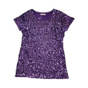 MANER Womens Purple Sequin Short Sleeve Scoop Neck Party Top Size L